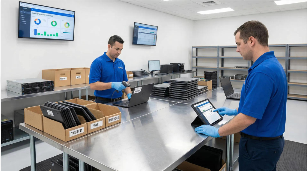 Corporate IT equipment prepared for disposal and recycling